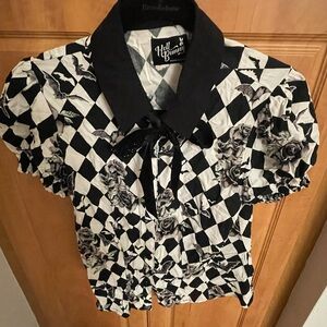 Hell Bunny Black and White Checkered Blouse with Floral and Bat Design